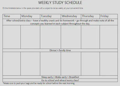 Weekly study schedule